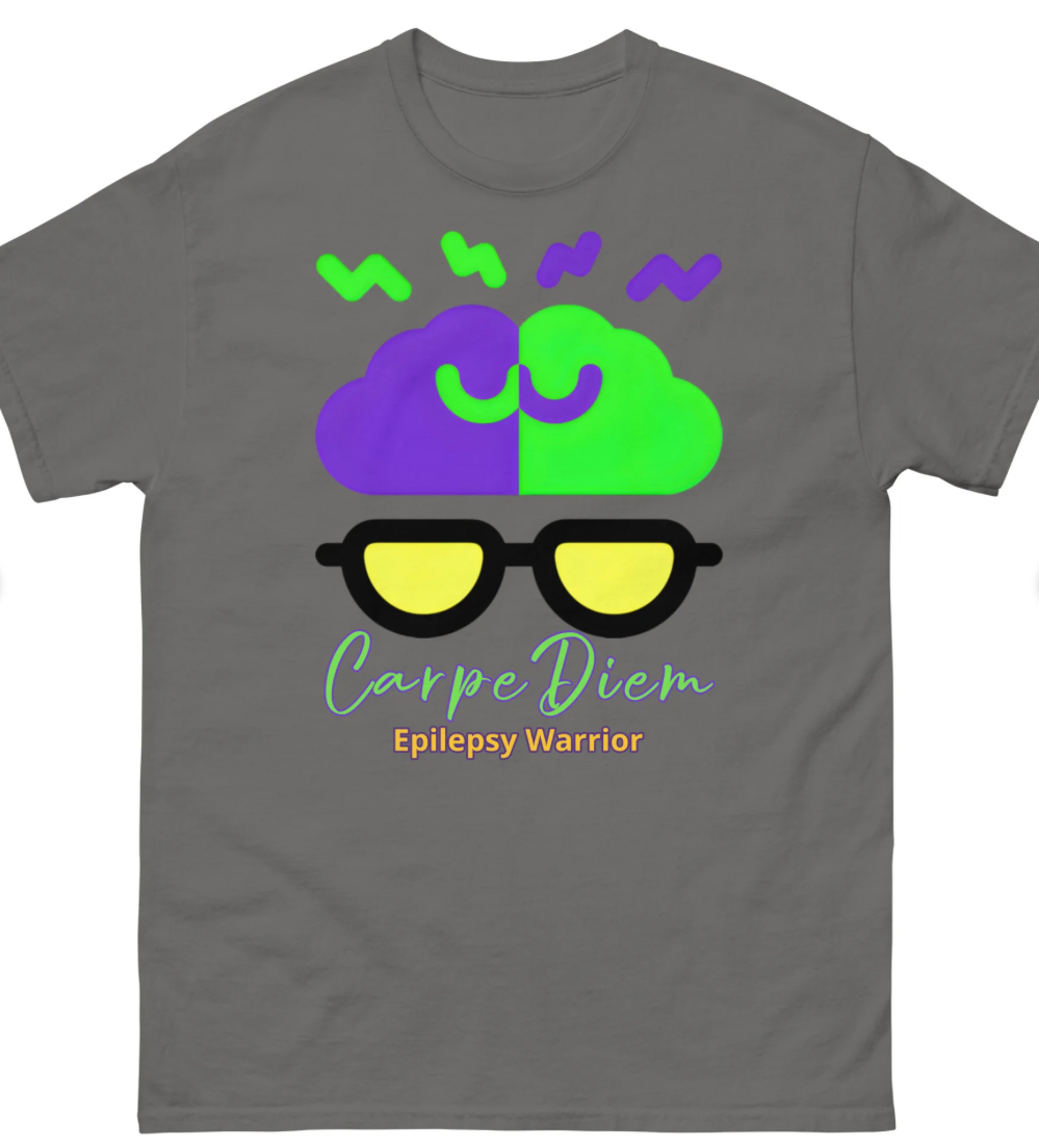 Green Shirt saying Carpe Diem with purple and green brain shaped head 