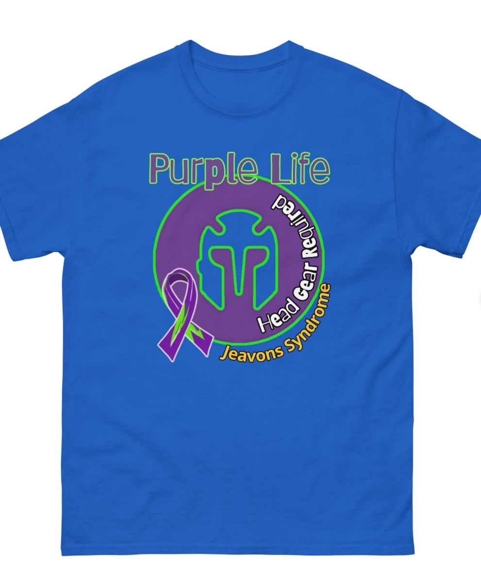 Royal Blue Tshirt that has a warrior helmet and says Purple Life Helmet Required, Jeavons Syndrome
